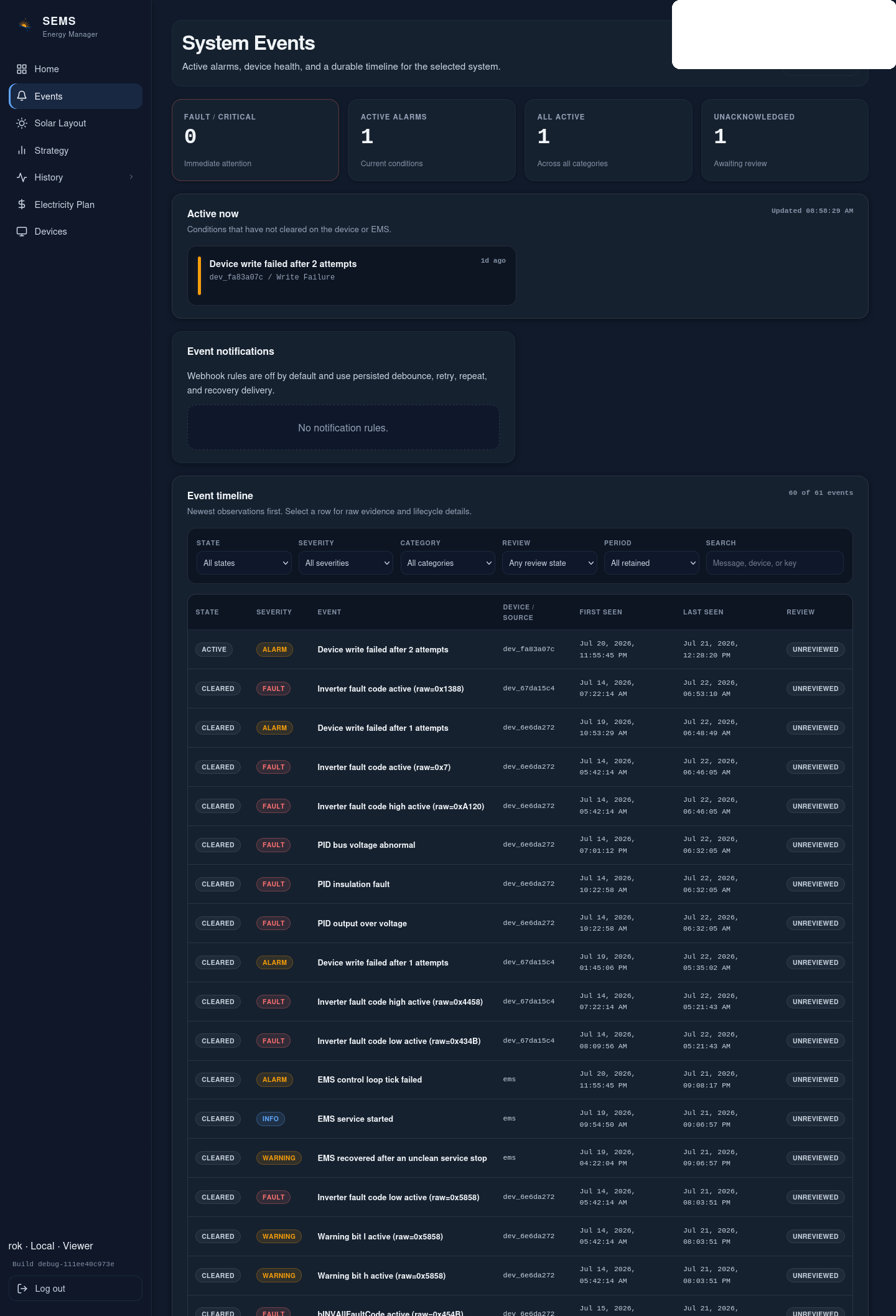 CyberSun SEMS events page for communication troubleshooting