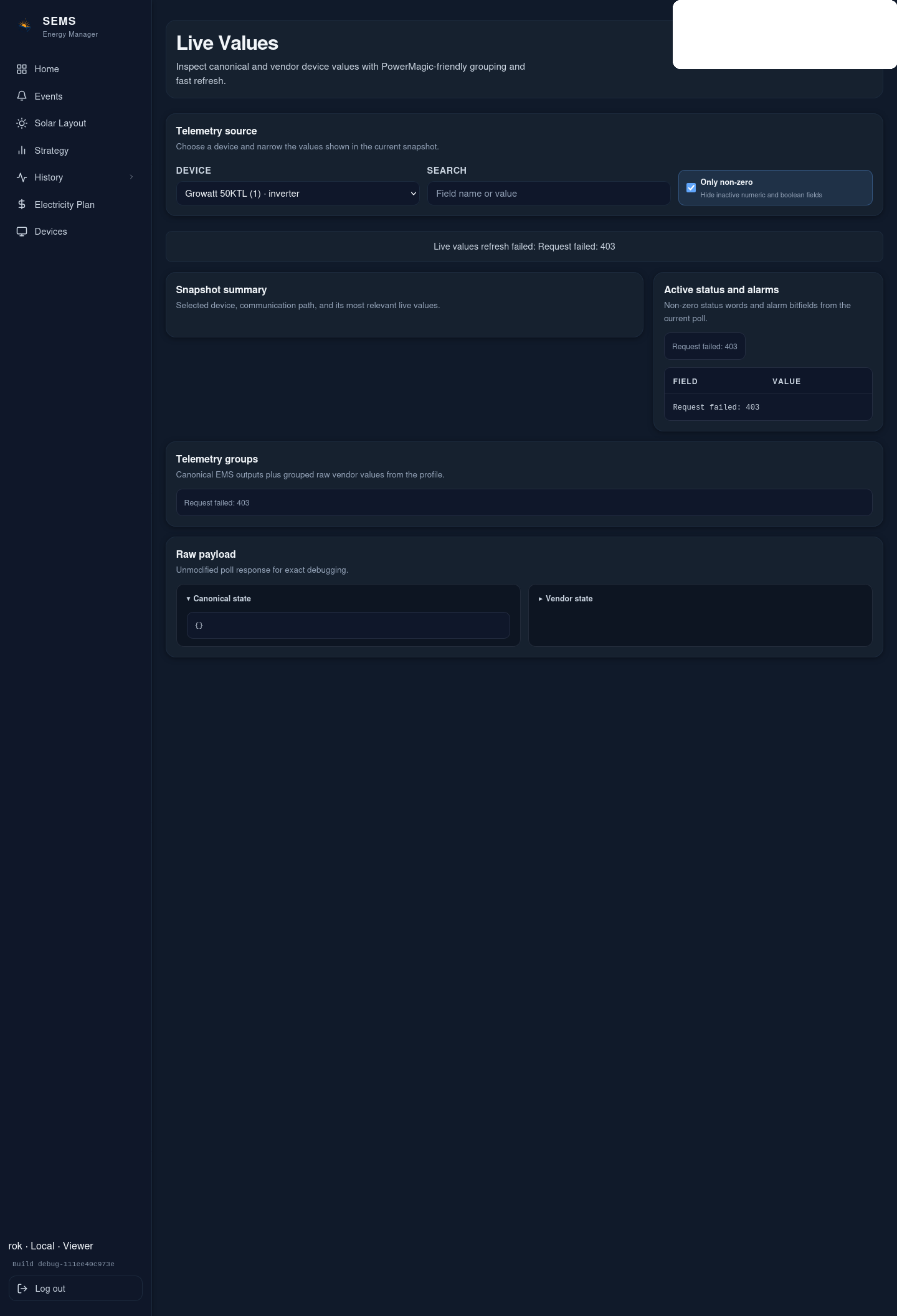 CyberSun SEMS live values page for communication troubleshooting
