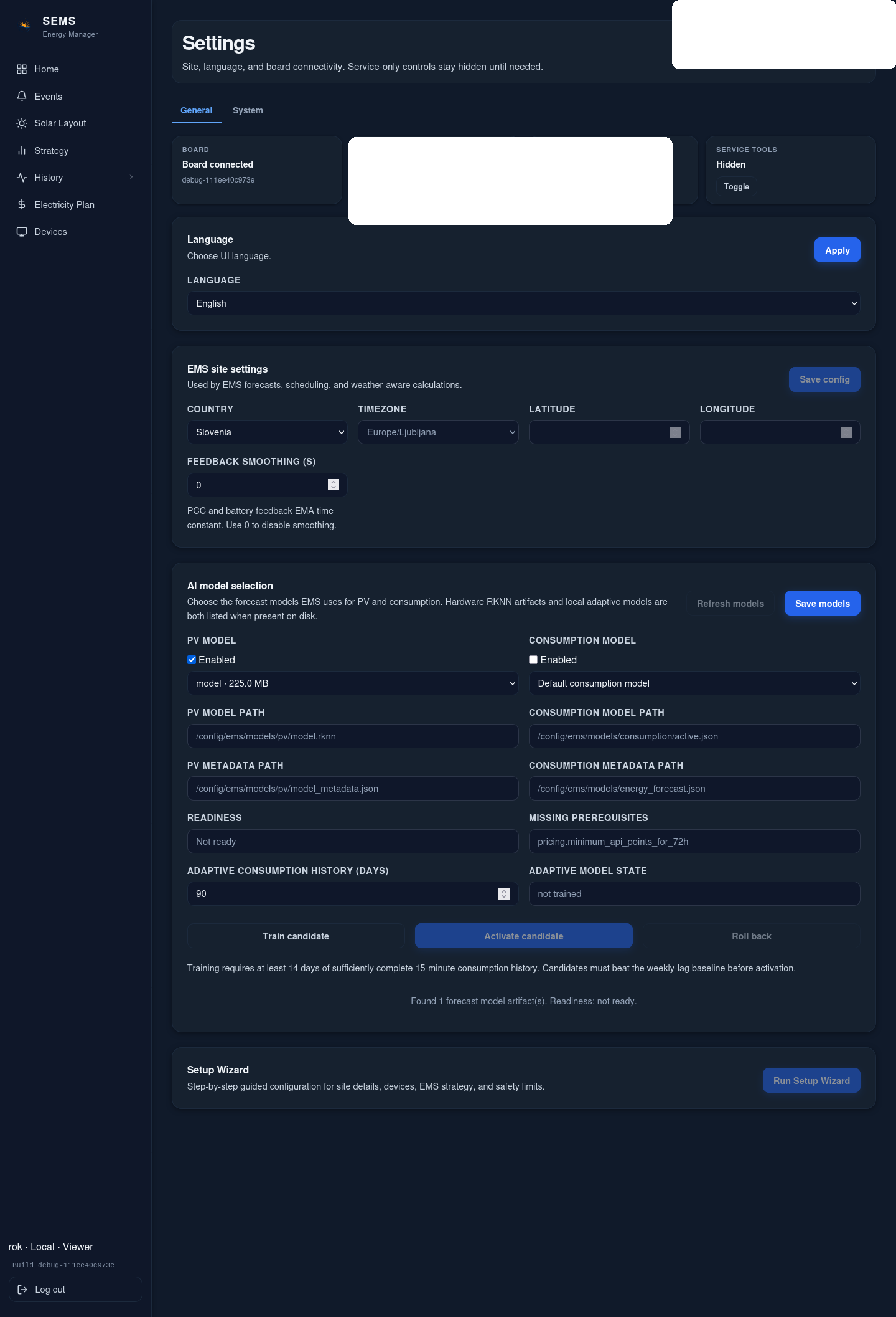 CyberSun SEMS settings page with setup wizard entry